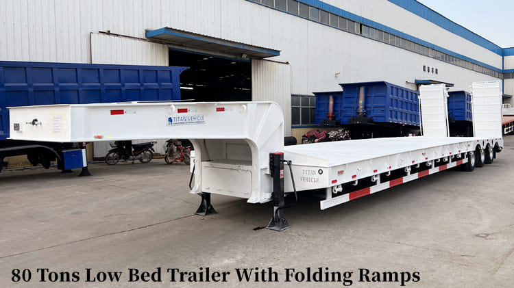80 Tons Low Bed Trailer With Folding Ramps- Lowbed trailer for sale in Guam